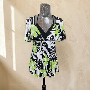 Y2K Floral Empire V Neck Halter Tie Stretch Top Small Party Retro Statement